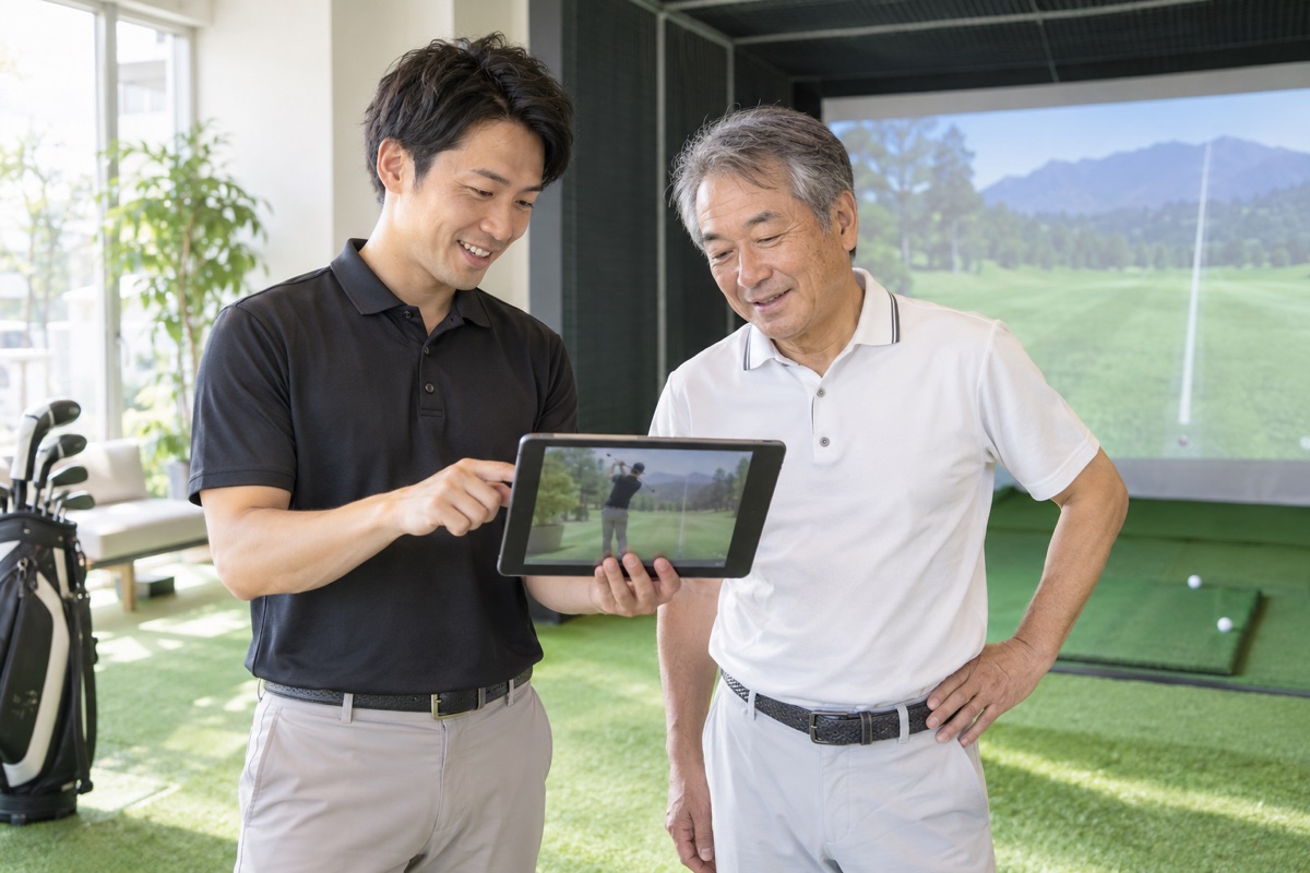 コーチがタブレットでスイングを説明している様子(イメージ)